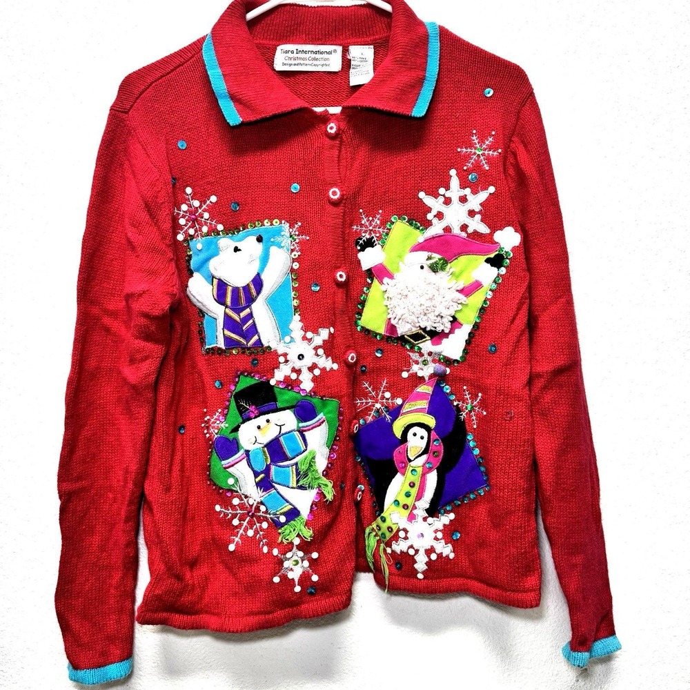 Tiara International Christmas Collection Women's L 3D‎ Cardigan Sweater Party